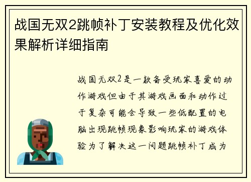 战国无双2跳帧补丁安装教程及优化效果解析详细指南